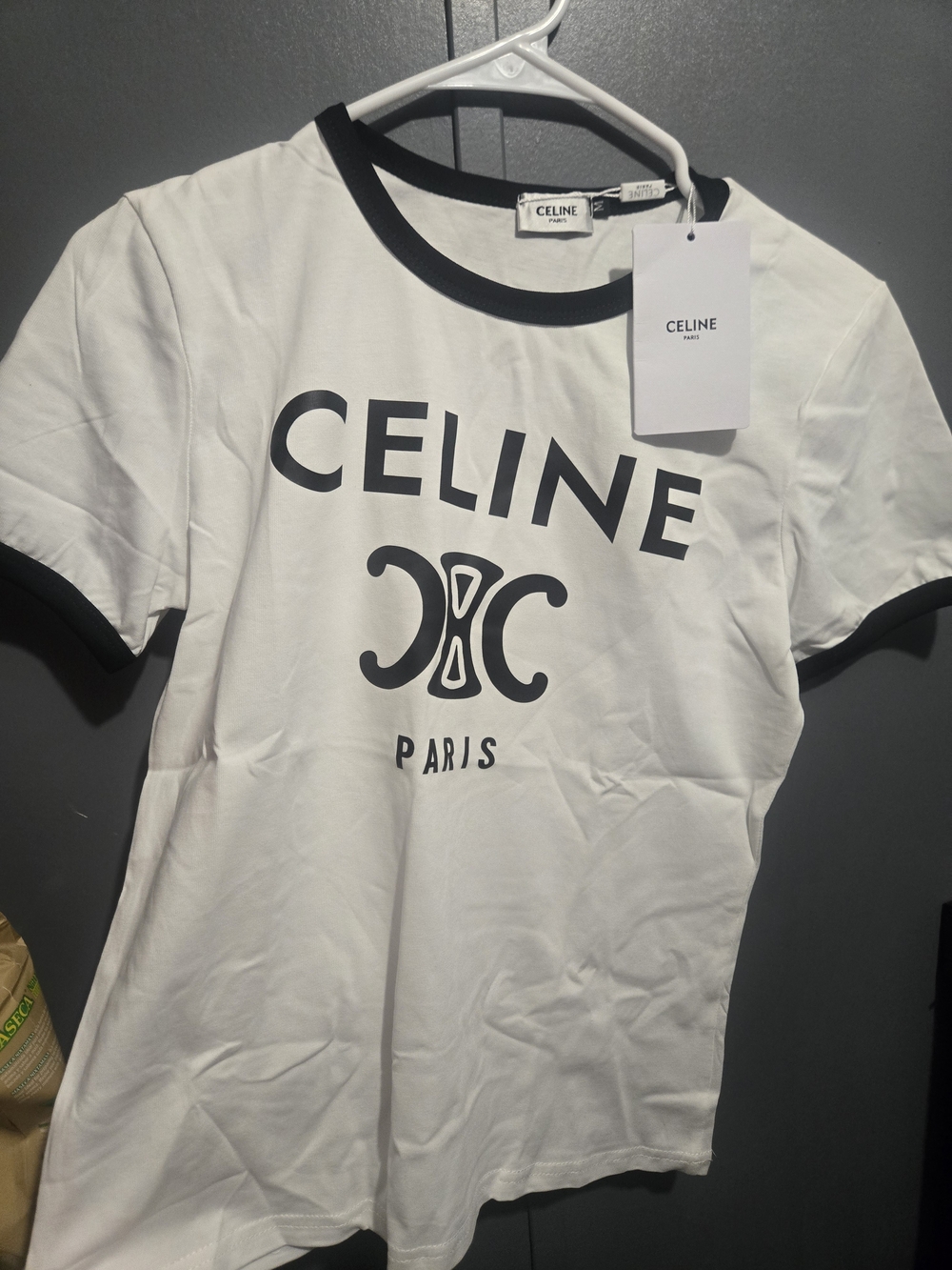 Celine White Short Sleeve Logo Ringer Tee with Black Trim